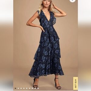 Molinetto Navy Blue Lace Ruffled Tiered Sleeveless Maxi Dress